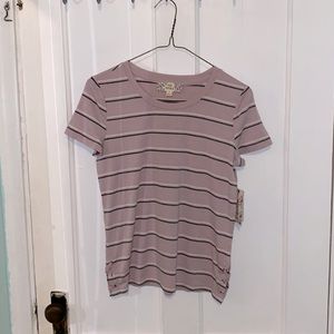 purple t-shirt with black and white stripes